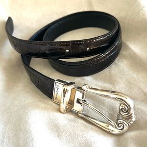 Brighton Dark Brown Croc-Embossed Leather Belt with Decorative Silver Buckle